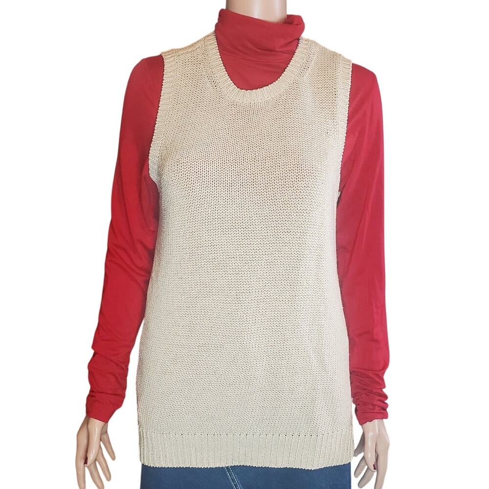 J McLaughlin Size M Alto Sweater Vest Tan Pullover Open Knit Layering Lagenlook